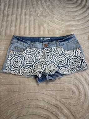 Y2K Mossimo Supply Co. Light Blue Denim Shorts with White Crochet Overlay